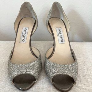 JIMMY CHOO Silver Sequin Sparkle Peep Toe D'Orsay Pumps, Size 39